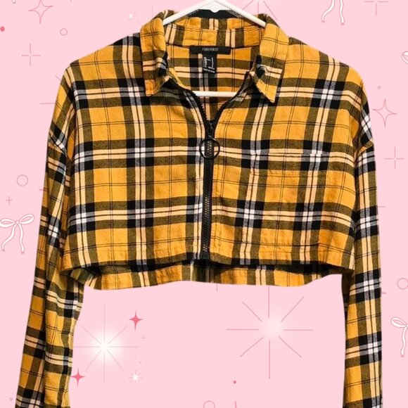 Forever 21 Yellow Plaid crop shirt - Picture 1 of 5